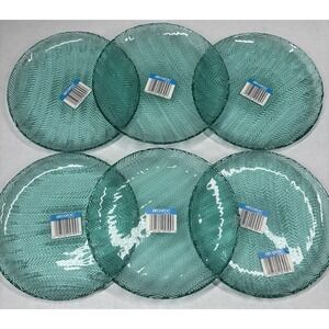 6 VTG Arcoroc France Herringbone Ribbed Turquoise Teal Green‎ Plates SET LOT NWT